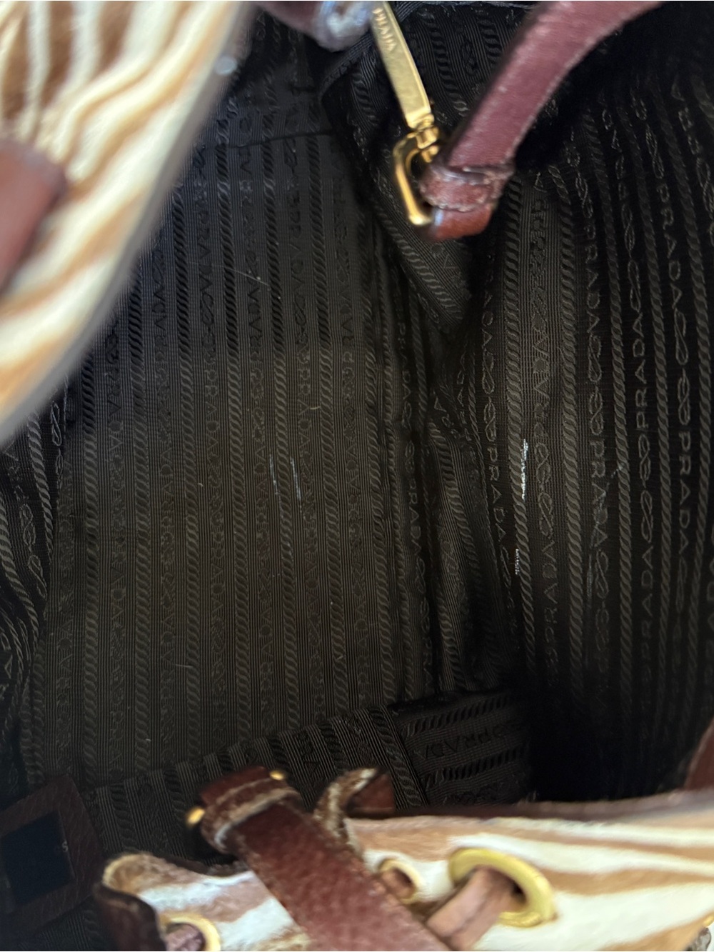 Prada Zebra Pony Hair Calf Hair Leather Tote Shoulder Bag Brown Gold Tassel - Picture 14 of 14